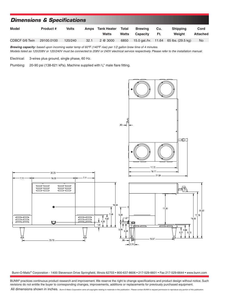 Dimensions & specifications | Bunn CDBCF 0/6 TWIN User Manual | Page 2 / 2