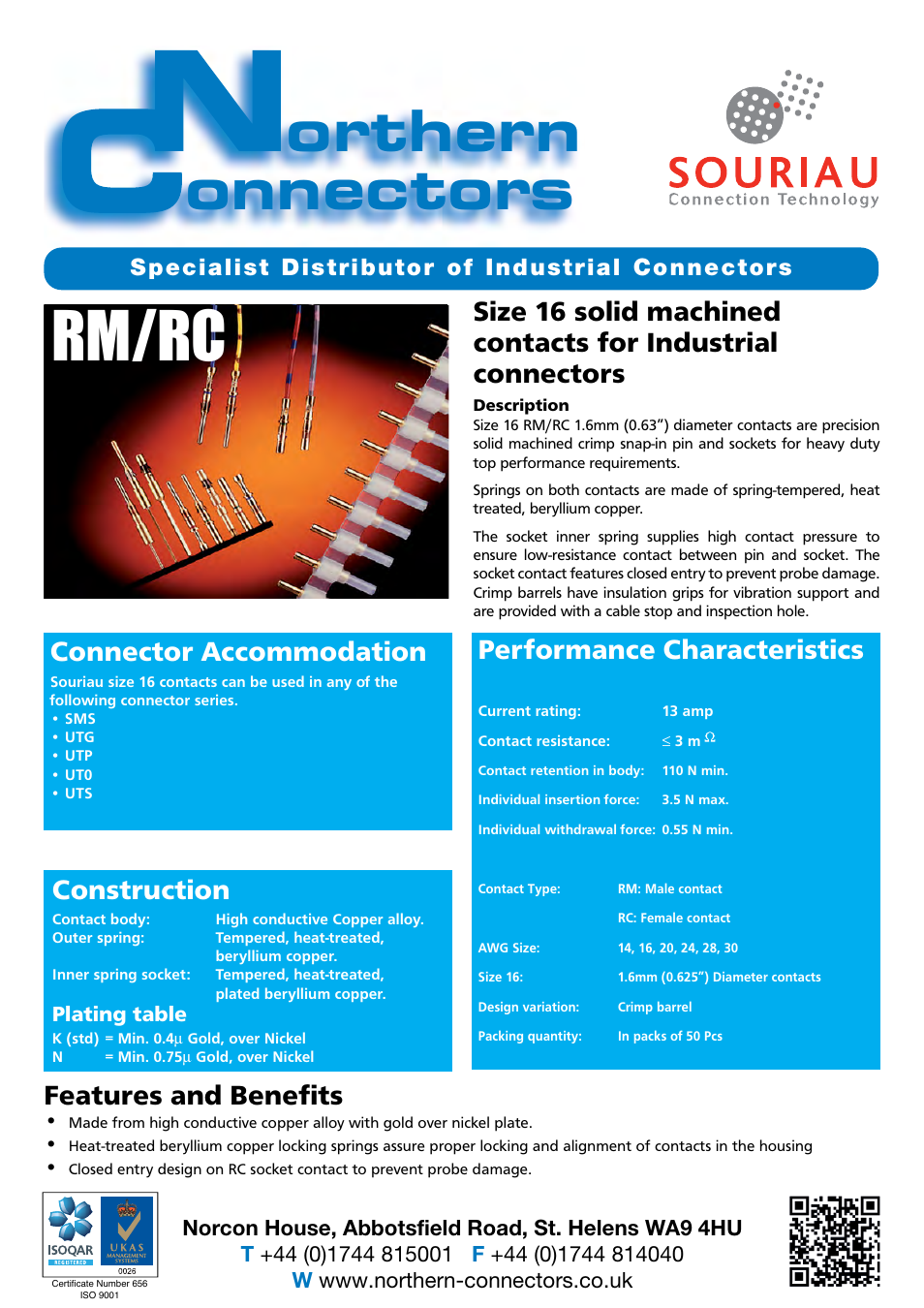 Northern Connectors Souriau RC/RM Machined Contacts Size 16 User Manual | 2 pages