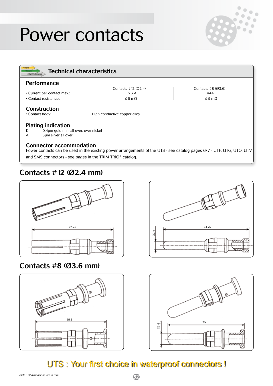 Power contacts, Uts : your first choice in waterproof connectors, Technical characteristics | Performance, Construction, Plating indication, Connector accommodation | Northern Connectors Souriau Power Contacts User Manual | Page 2 / 3