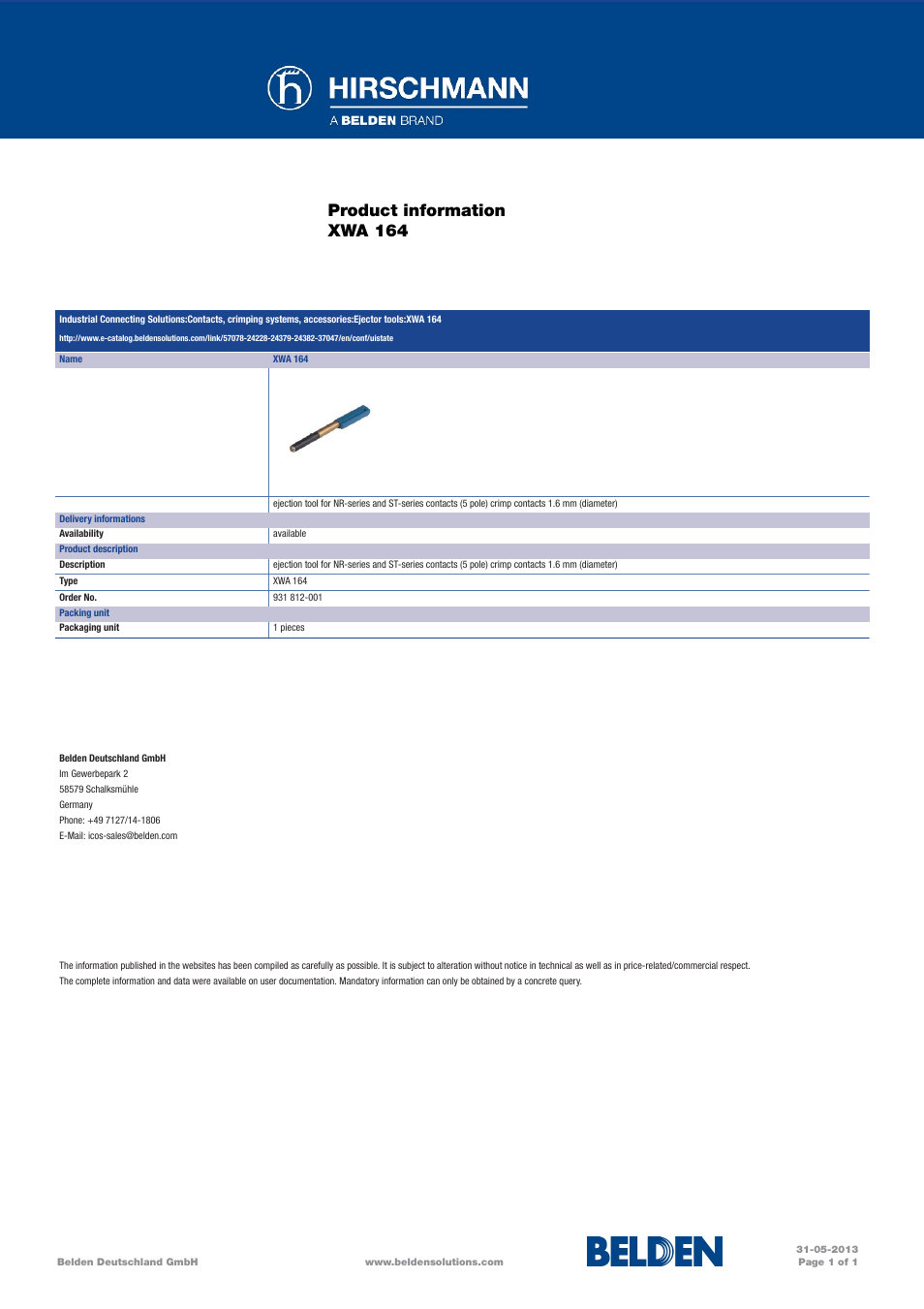 Northern Connectors Hirschmann Removal Tool (XWA 164) for NR-Series and ST-Series Contacts User Manual | 1 page