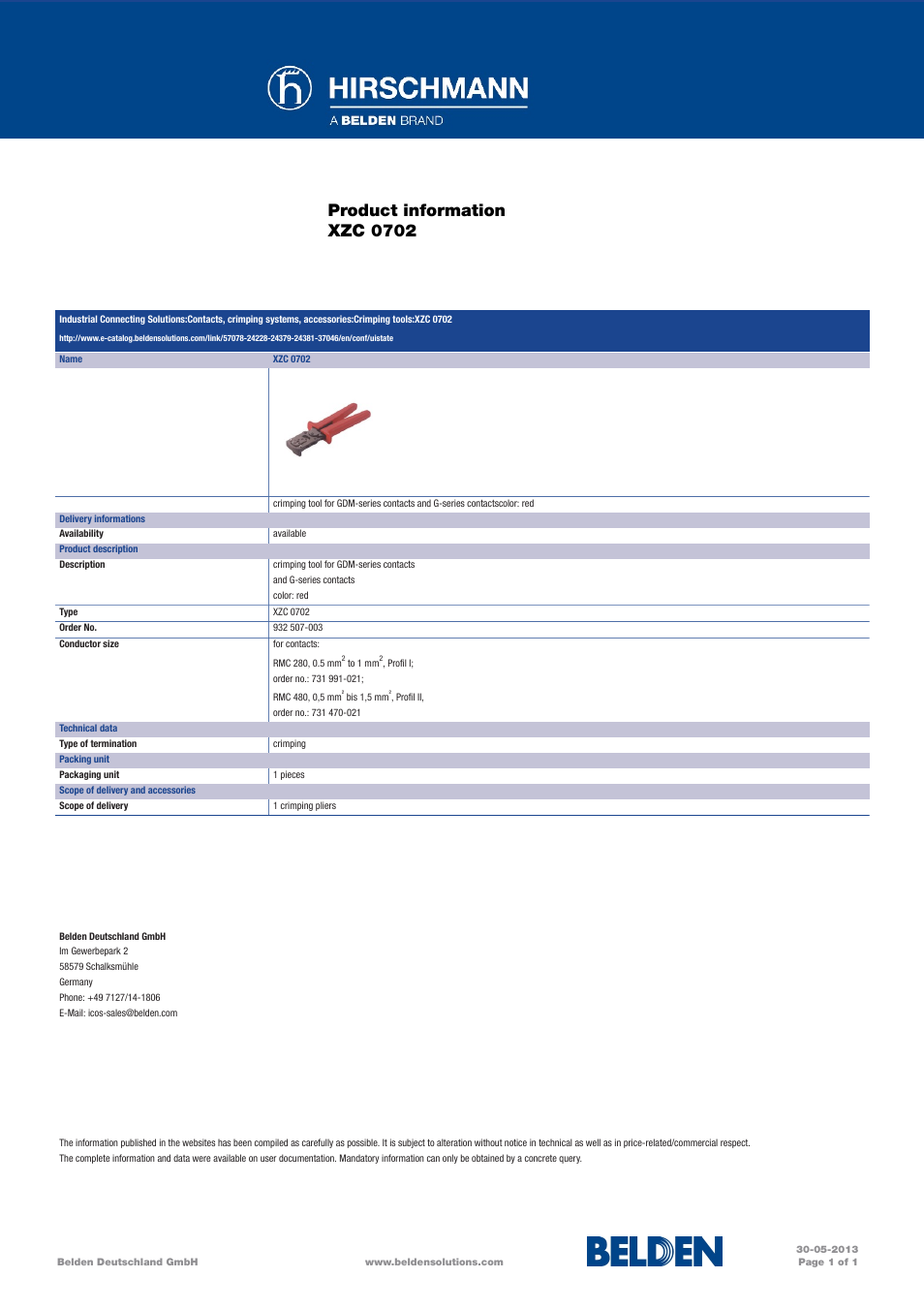 Northern Connectors Hirschmann Crimp Tool (XZC 0702) for GDM-Series and G-Series Contacts User Manual | 1 page