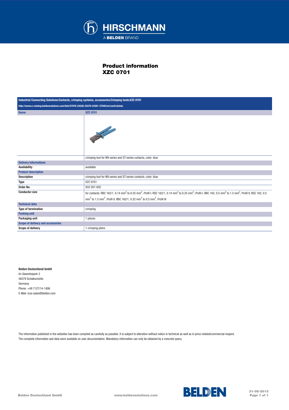 Northern Connectors Hirschmann Crimp Tool (XZC 0701) for NR-Series and ST-Series Contacts User Manual | 1 page