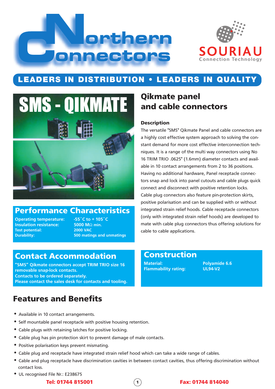 Northern Connectors Souriau SMS Qikmate Panel and Cable Connectors User Manual | 4 pages