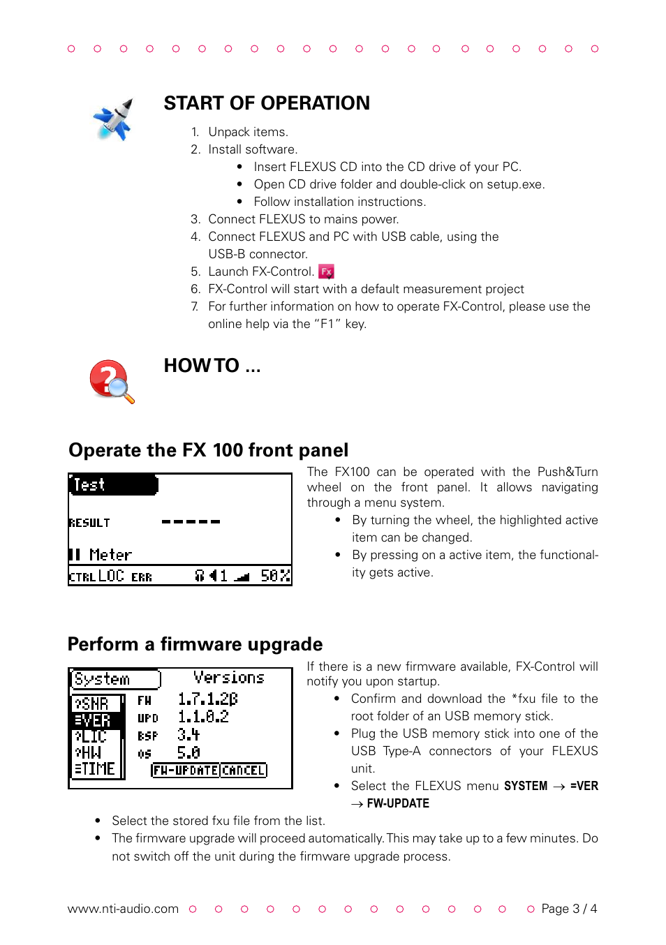 Start of operation, How to ... operate the fx 100 front panel, Perform a firmware upgrade | NTi Audio FLEXUS FX100 User Manual | Page 3 / 4