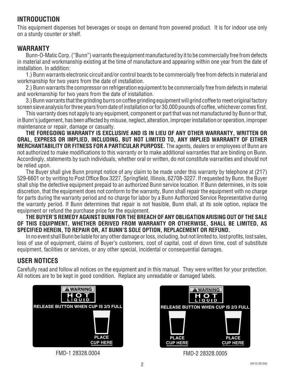 Introduction, Warranty, User notices | Bunn FMD-1 FMD-2 User Manual | Page 2 / 41