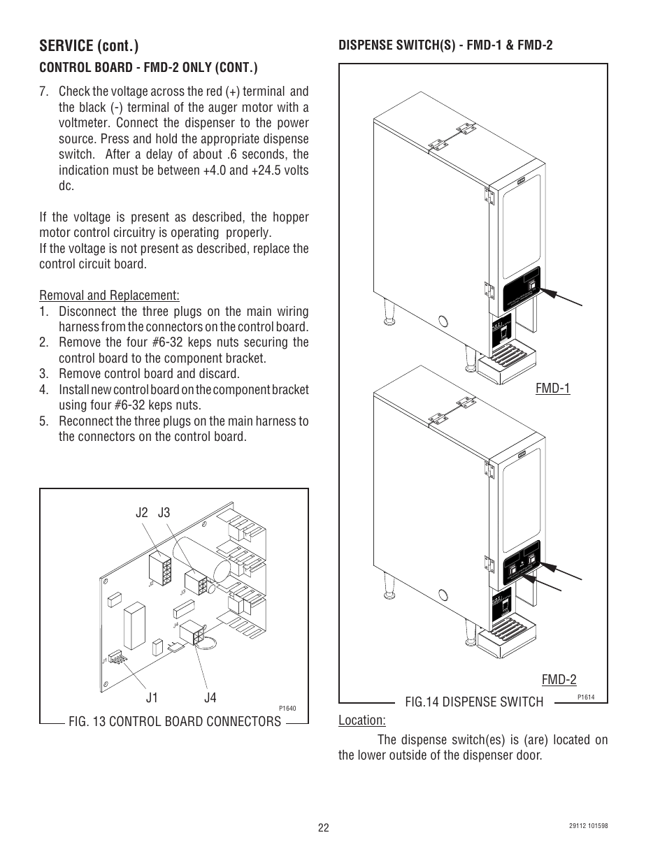 Service (cont.), J1 j4 fig. 13 control board connectors, Control board - fmd-2 only (cont.) j2 j3 | Bunn FMD-1 FMD-2 User Manual | Page 22 / 41