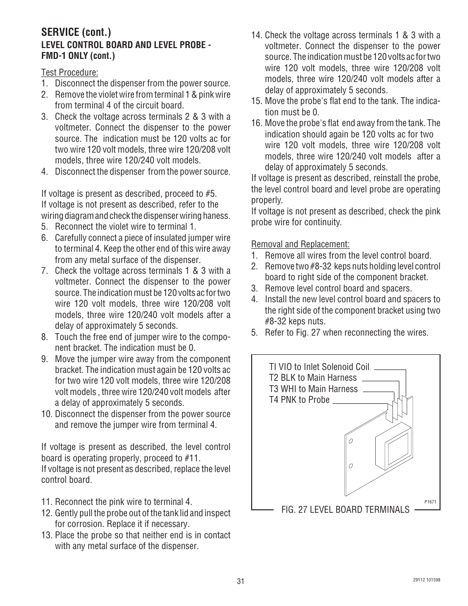 Service (cont.) | Bunn FMD-1 FMD-2 User Manual | Page 31 / 41