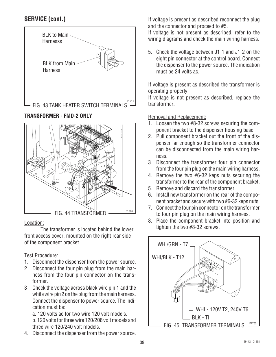 Service (cont.), Fig. 43 tank heater switch terminals | Bunn FMD-1 FMD-2 User Manual | Page 39 / 41