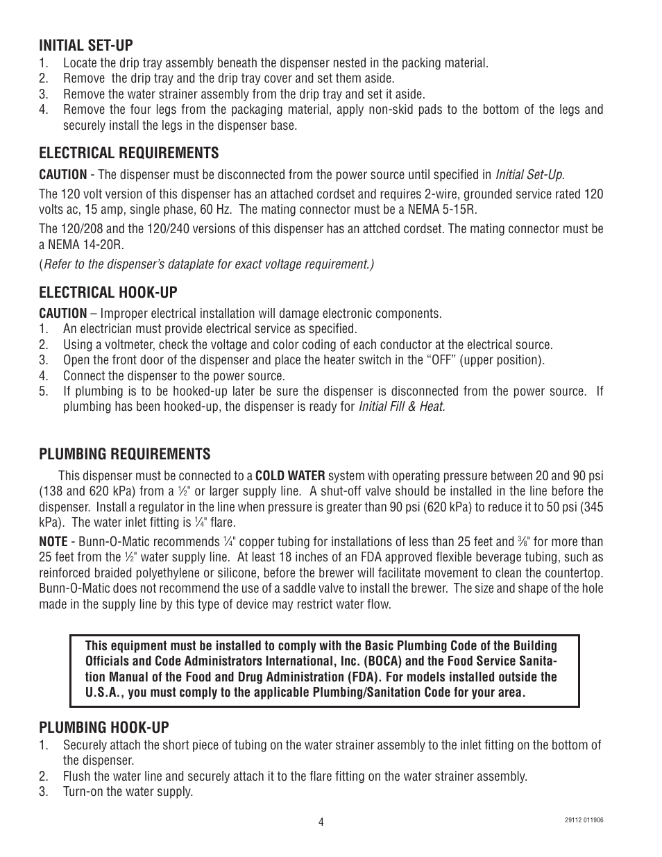Initial set-up, Electrical requirements, Electrical hook-up | Plumbing requirements, Plumbing hook-up | Bunn FMD-1 FMD-2 User Manual | Page 4 / 41