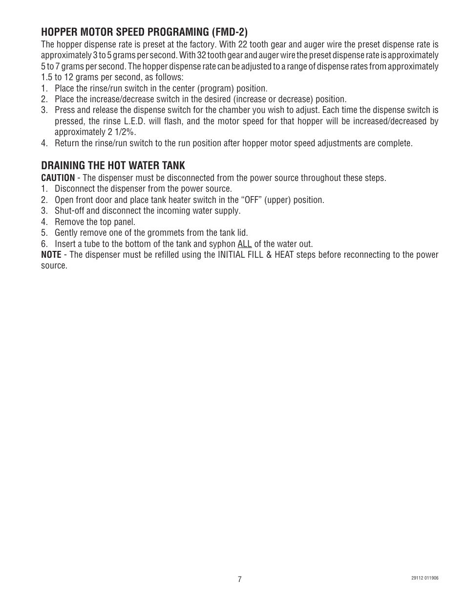 Hopper motor speed programing (fmd-2), Draining the hot water tank | Bunn FMD-1 FMD-2 User Manual | Page 7 / 41