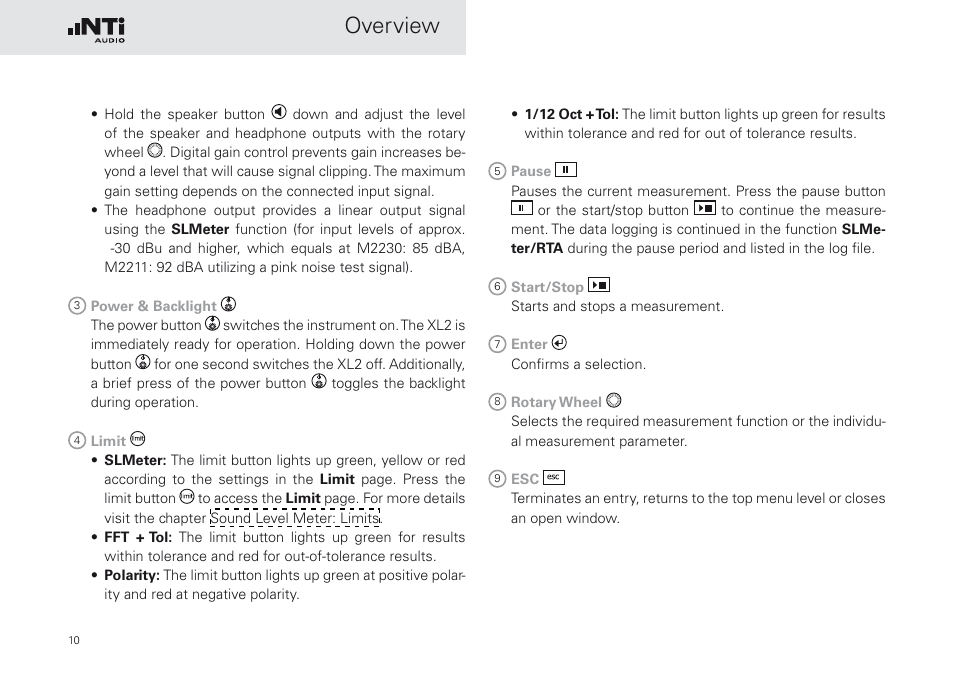 Overview | NTi Audio XL2 Sound Level Meter User Manual | Page 10 / 240
