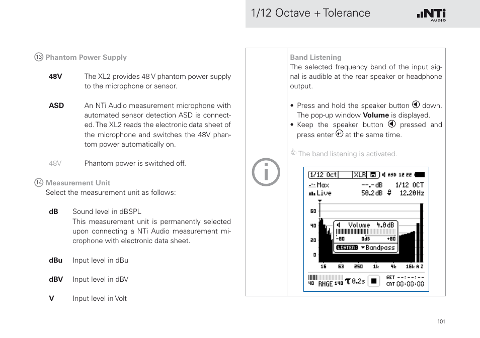 1/12 octave + tolerance | NTi Audio XL2 Sound Level Meter User Manual | Page 101 / 240