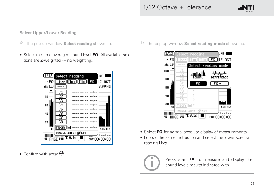 1/12 octave + tolerance | NTi Audio XL2 Sound Level Meter User Manual | Page 103 / 240