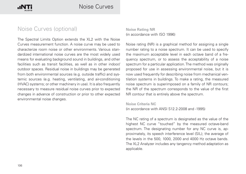 Noise curves (optional), Noise curves noise curves (optional) | NTi Audio XL2 Sound Level Meter User Manual | Page 106 / 240