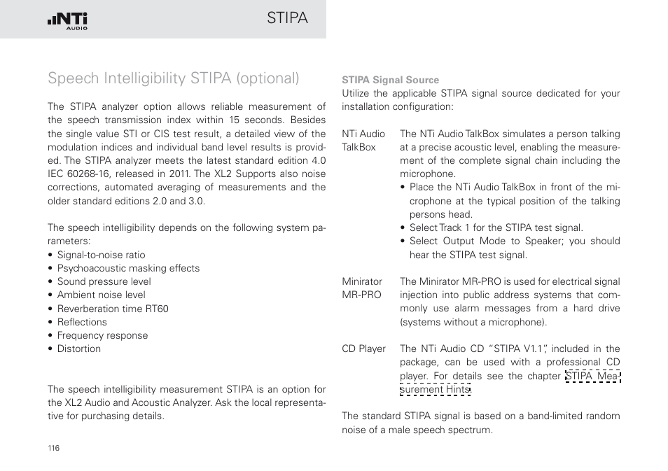 Speech intelligibility stipa (optional), Stipa speech intelligibility stipa (optional) | NTi Audio XL2 Sound Level Meter User Manual | Page 116 / 240