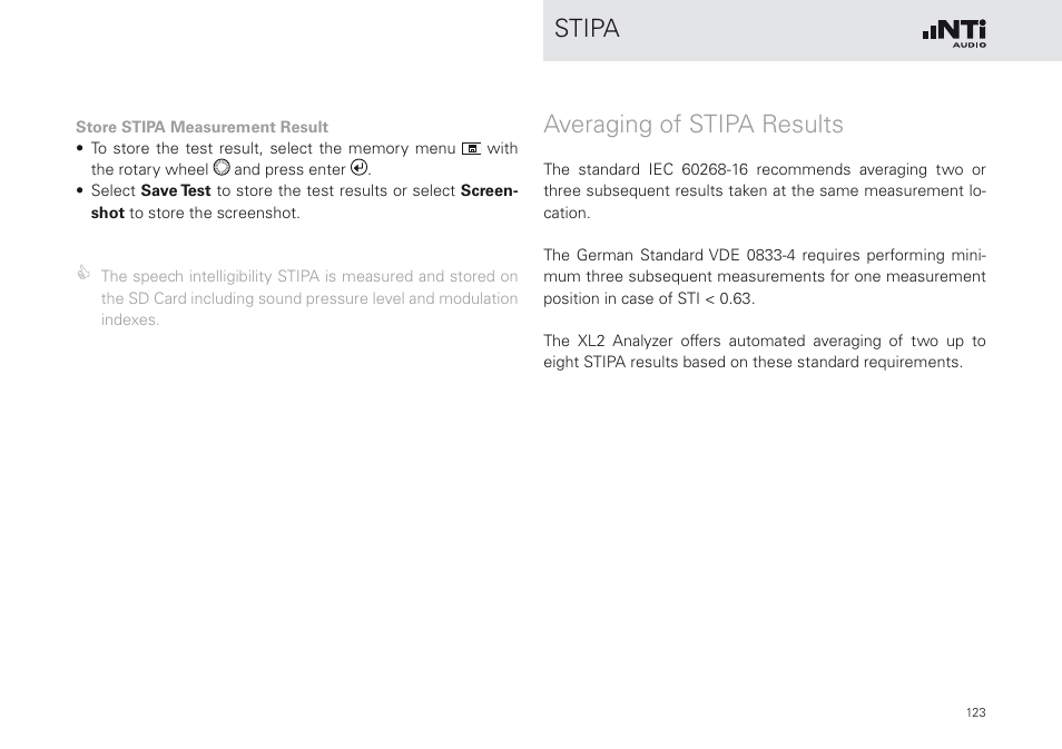 Stipa, Averaging of stipa results | NTi Audio XL2 Sound Level Meter User Manual | Page 123 / 240