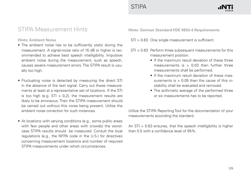 Stipa stipa measurement hints | NTi Audio XL2 Sound Level Meter User Manual | Page 129 / 240
