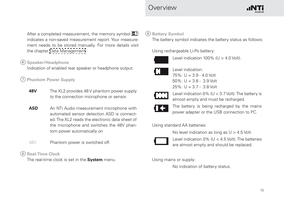 Overview | NTi Audio XL2 Sound Level Meter User Manual | Page 13 / 240