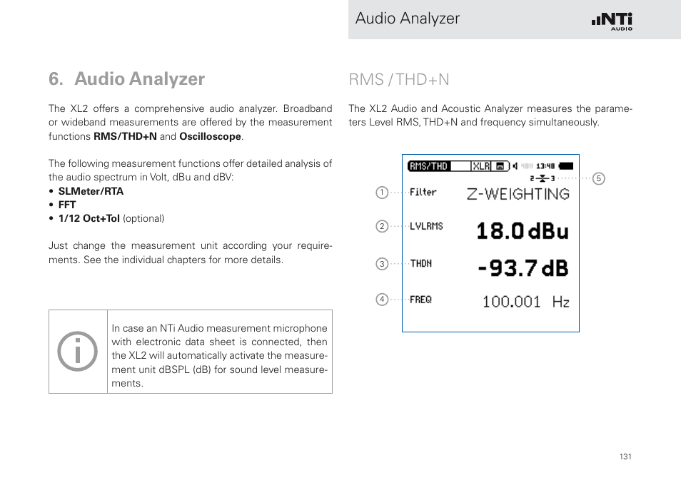 Audio analyzer, Rms / thd+n | NTi Audio XL2 Sound Level Meter User Manual | Page 131 / 240
