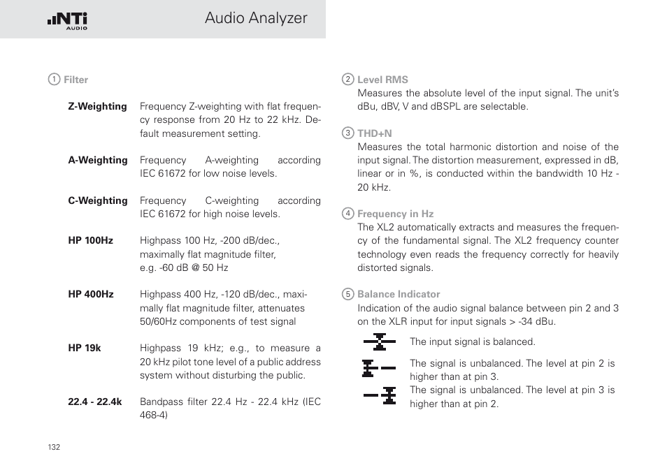 Audio analyzer | NTi Audio XL2 Sound Level Meter User Manual | Page 132 / 240