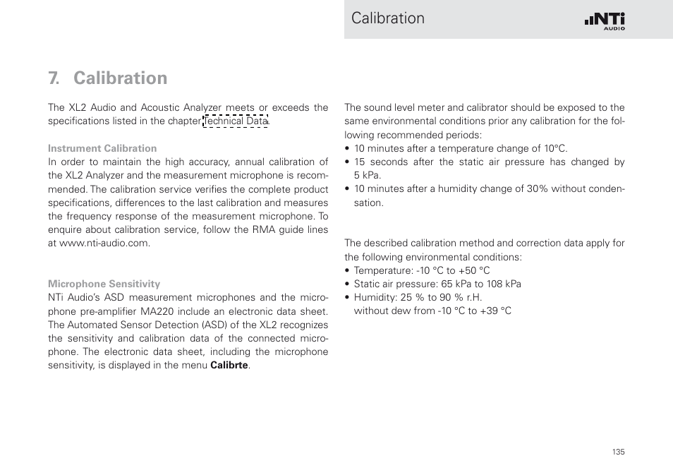 Calibration | NTi Audio XL2 Sound Level Meter User Manual | Page 135 / 240