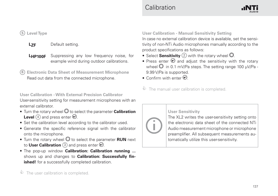 Calibration | NTi Audio XL2 Sound Level Meter User Manual | Page 137 / 240