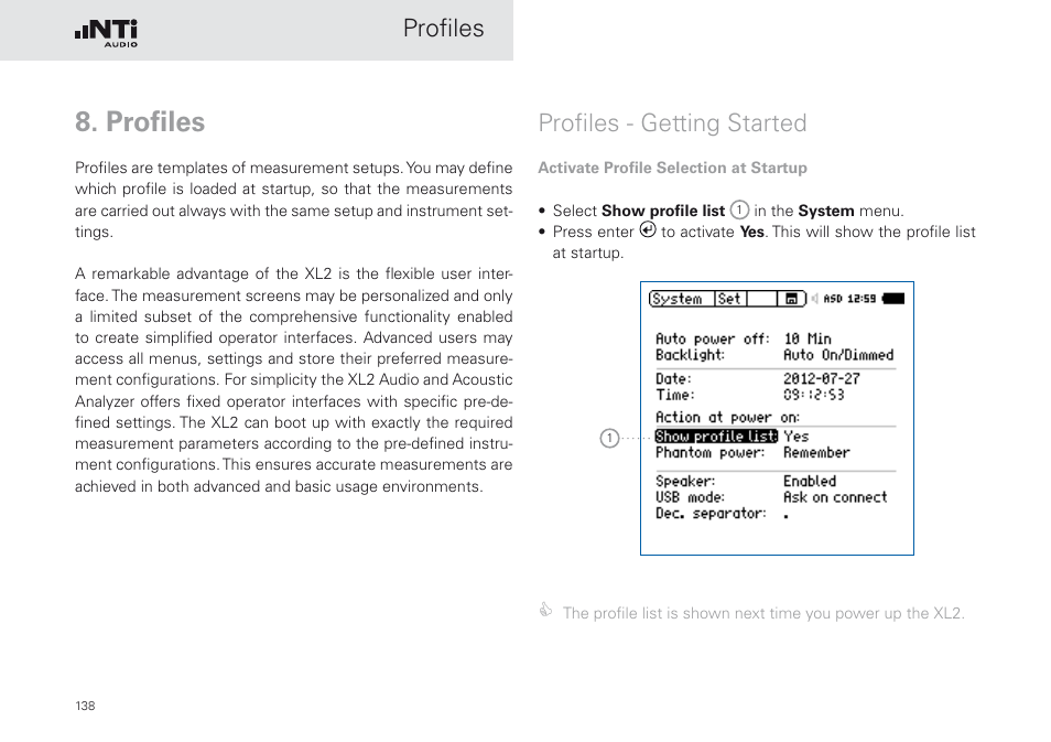 Profiles, Profiles - getting started | NTi Audio XL2 Sound Level Meter User Manual | Page 138 / 240