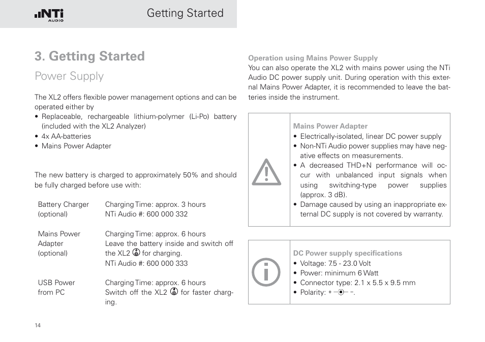 Getting started, Power supply | NTi Audio XL2 Sound Level Meter User Manual | Page 14 / 240
