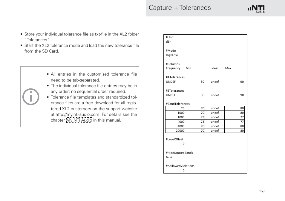 Capture + tolerances | NTi Audio XL2 Sound Level Meter User Manual | Page 153 / 240