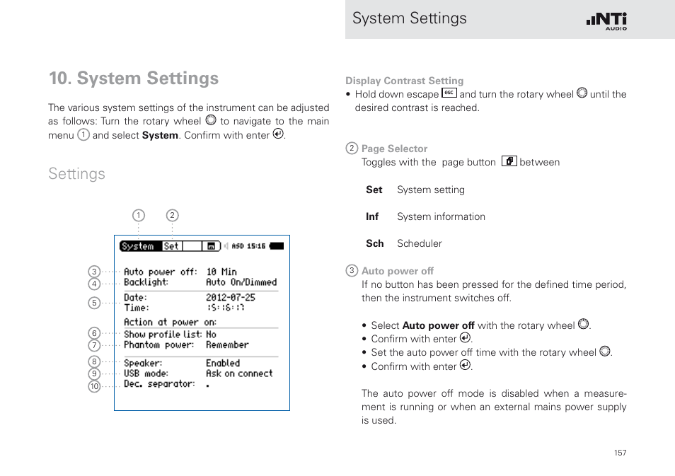 System settings, Settings | NTi Audio XL2 Sound Level Meter User Manual | Page 157 / 240