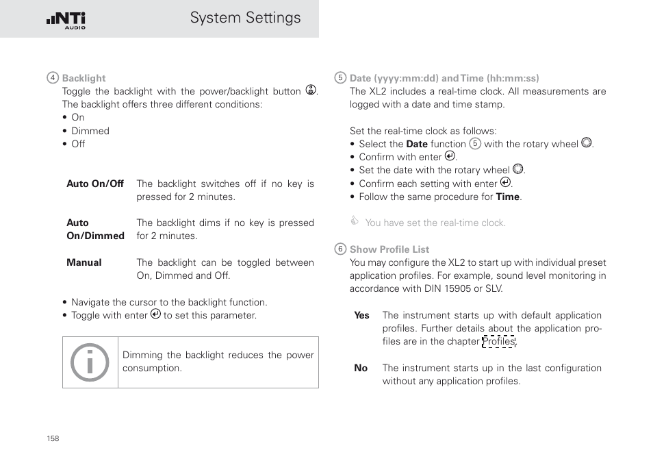 System settings | NTi Audio XL2 Sound Level Meter User Manual | Page 158 / 240