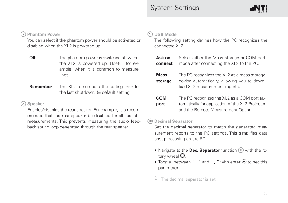 System settings | NTi Audio XL2 Sound Level Meter User Manual | Page 159 / 240