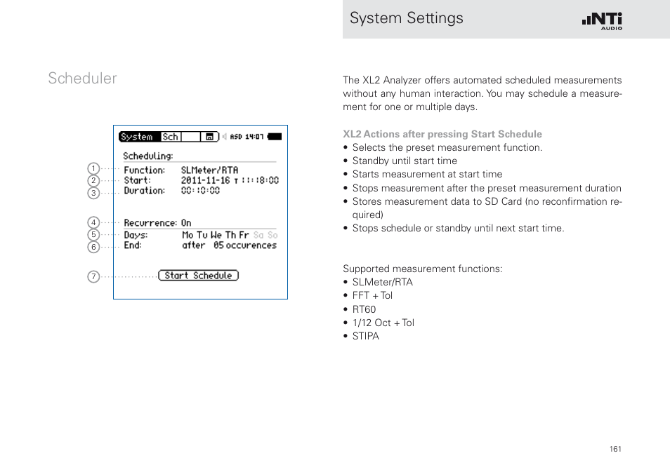 Scheduler, System settings scheduler | NTi Audio XL2 Sound Level Meter User Manual | Page 161 / 240