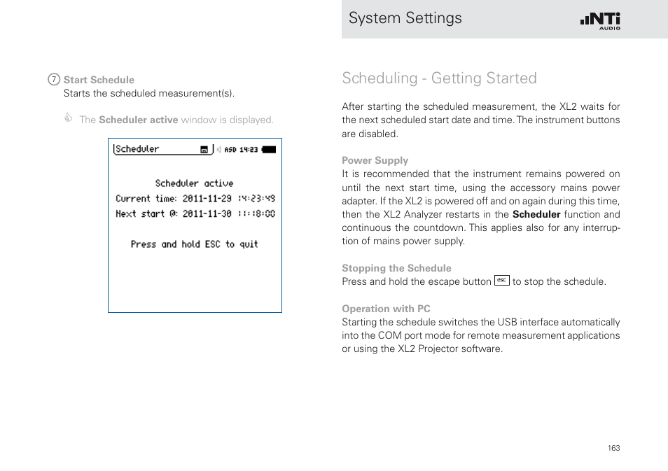 System settings, Scheduling - getting started | NTi Audio XL2 Sound Level Meter User Manual | Page 163 / 240