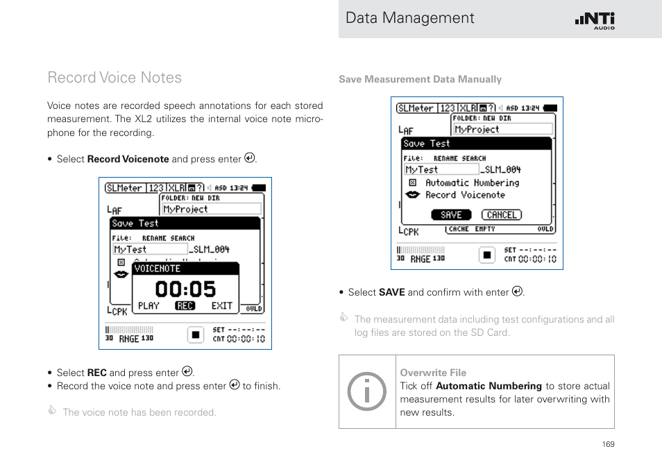Record voice notes | NTi Audio XL2 Sound Level Meter User Manual | Page 169 / 240