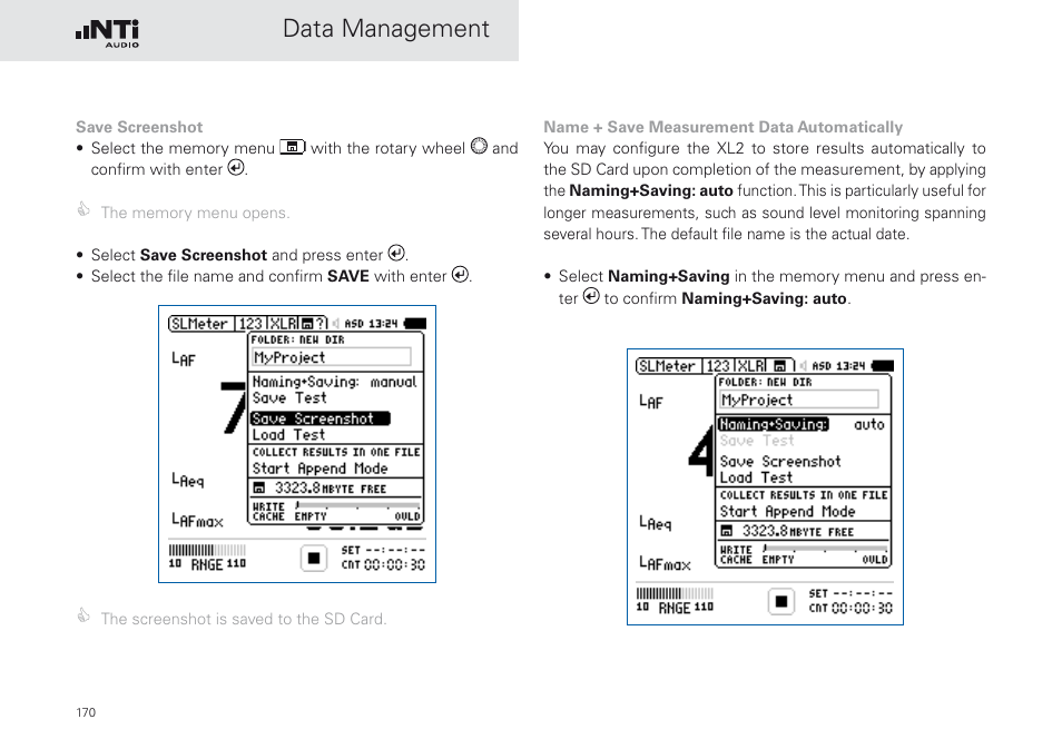 Data management | NTi Audio XL2 Sound Level Meter User Manual | Page 170 / 240