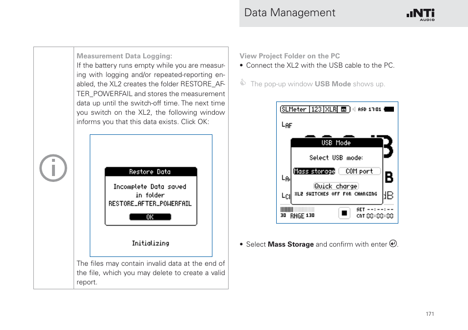 Data management | NTi Audio XL2 Sound Level Meter User Manual | Page 171 / 240