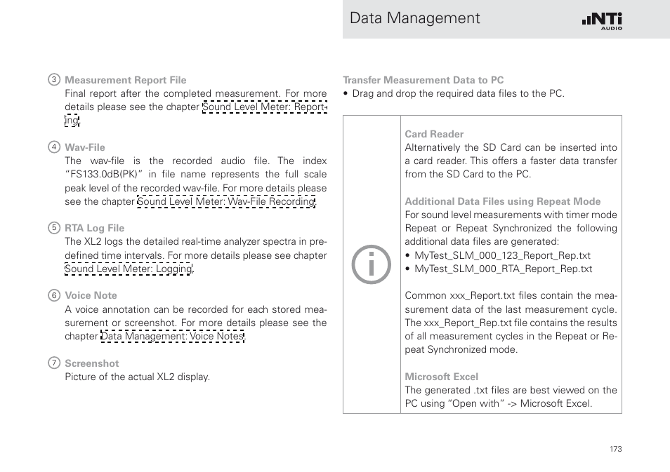 Data management | NTi Audio XL2 Sound Level Meter User Manual | Page 173 / 240