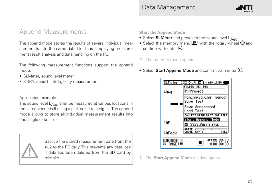 Append measurements, Data management append measurements | NTi Audio XL2 Sound Level Meter User Manual | Page 177 / 240