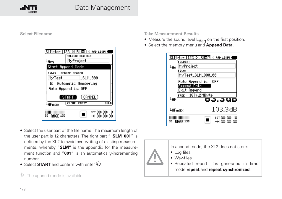 Data management | NTi Audio XL2 Sound Level Meter User Manual | Page 178 / 240
