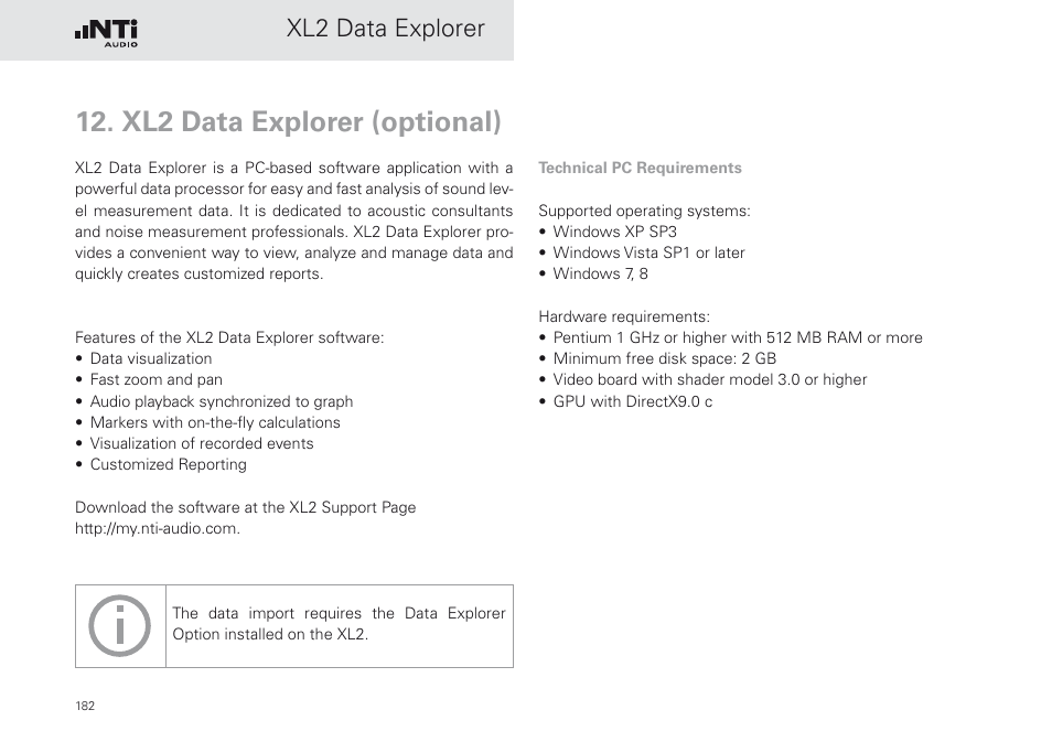 Xl2 data explorer (optional), Xl2 data explorer | NTi Audio XL2 Sound Level Meter User Manual | Page 182 / 240