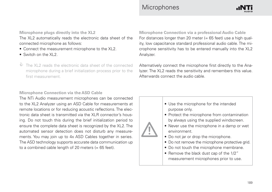 Microphones | NTi Audio XL2 Sound Level Meter User Manual | Page 189 / 240