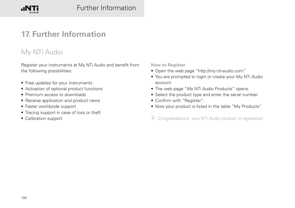 Further information, My nti audio | NTi Audio XL2 Sound Level Meter User Manual | Page 190 / 240