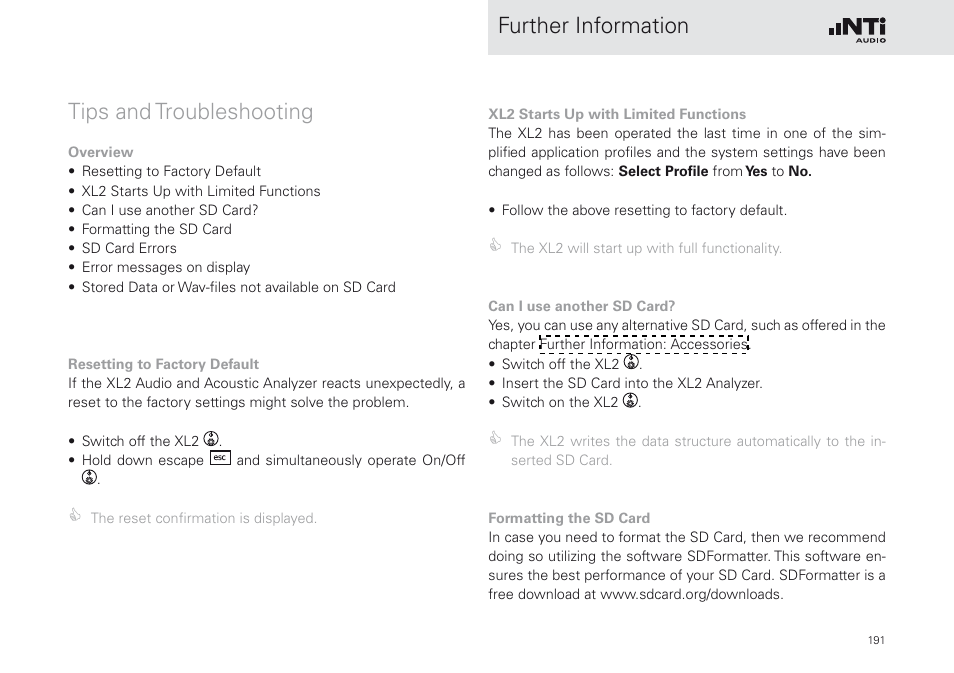Tips and troubleshooting, Further information tips and troubleshooting | NTi Audio XL2 Sound Level Meter User Manual | Page 191 / 240