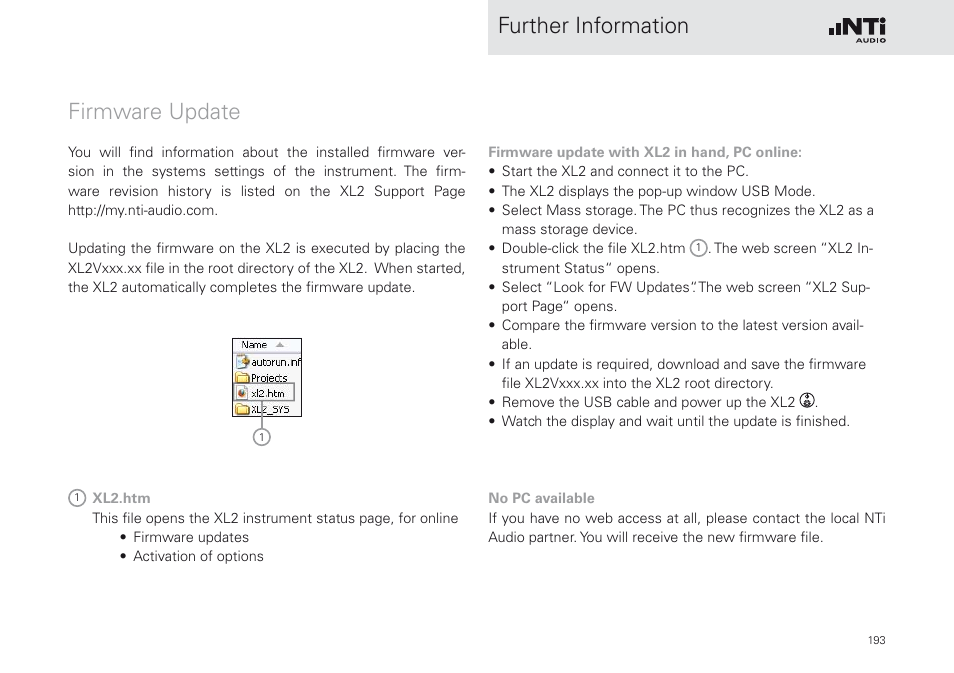 Firmware update, Further information firmware update | NTi Audio XL2 Sound Level Meter User Manual | Page 193 / 240