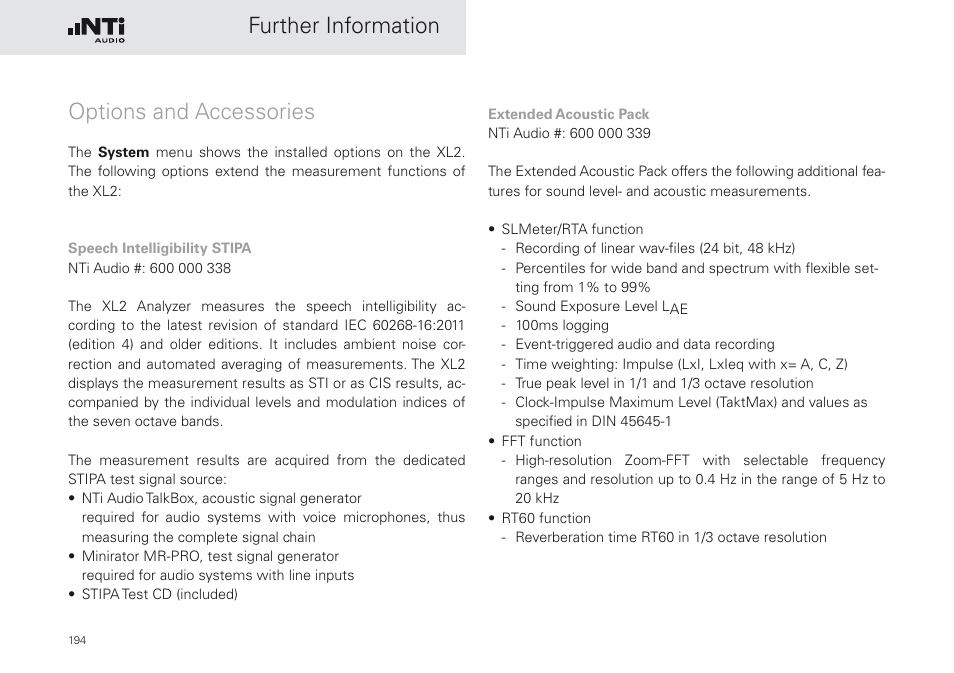 Options and accessories, Further information options and accessories | NTi Audio XL2 Sound Level Meter User Manual | Page 194 / 240