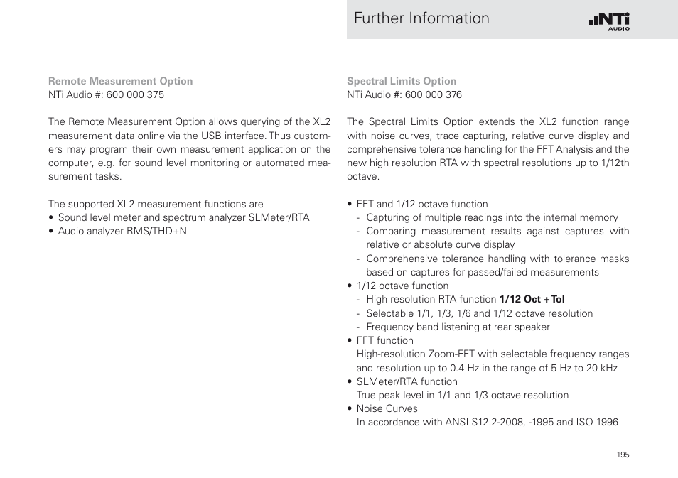 Further information | NTi Audio XL2 Sound Level Meter User Manual | Page 195 / 240