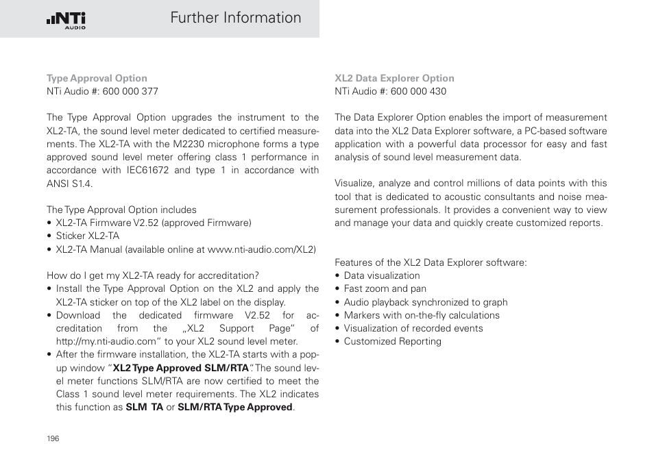 Further information | NTi Audio XL2 Sound Level Meter User Manual | Page 196 / 240