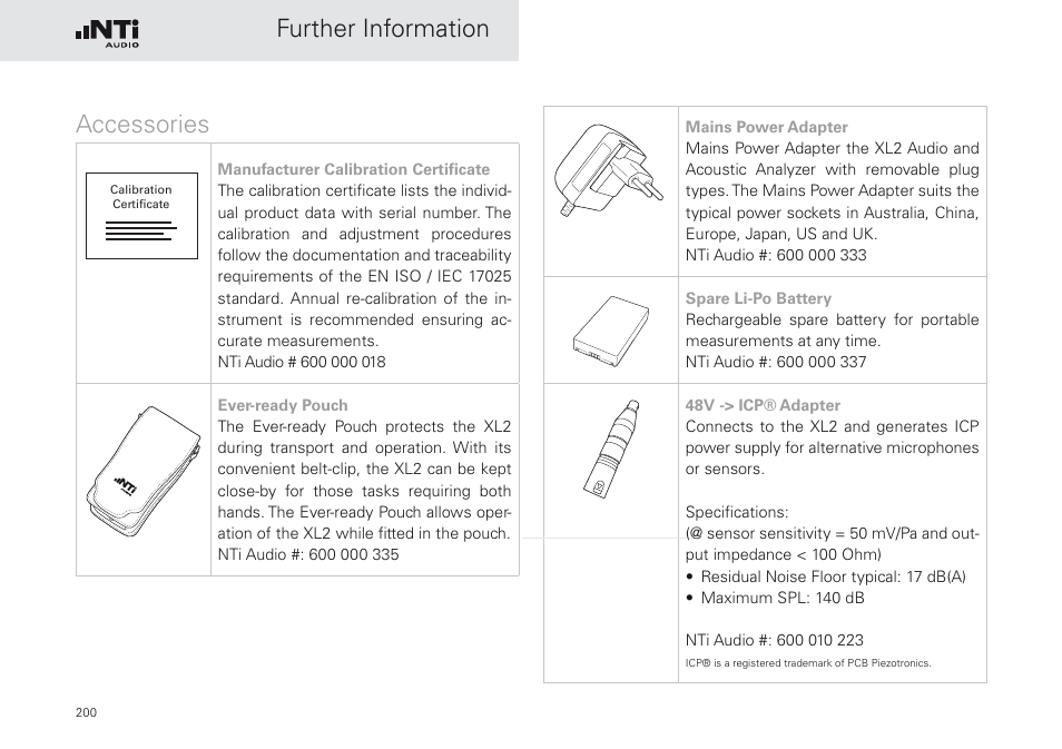 Further information accessories | NTi Audio XL2 Sound Level Meter User Manual | Page 200 / 240