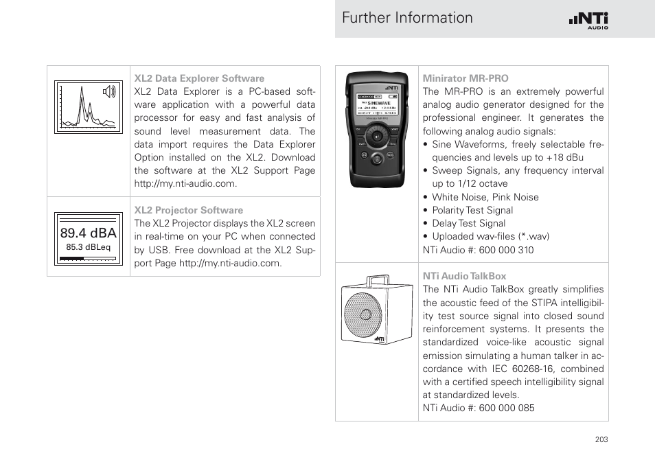 Further information, 4 dba | NTi Audio XL2 Sound Level Meter User Manual | Page 203 / 240